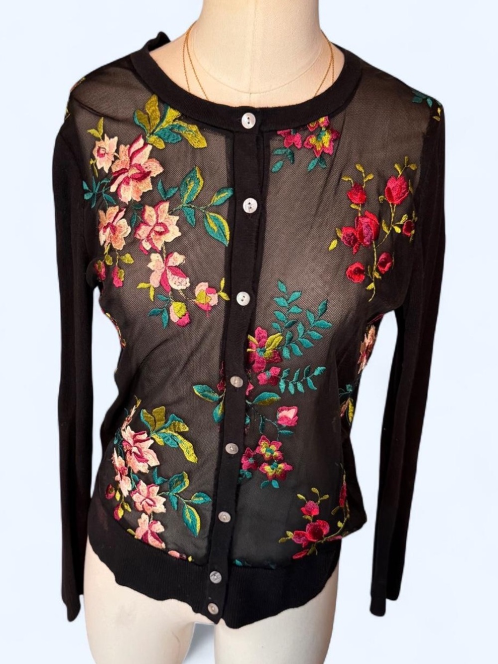A New Day Sheer Mesh front Floral Embroidered Cardigan Top button up size small